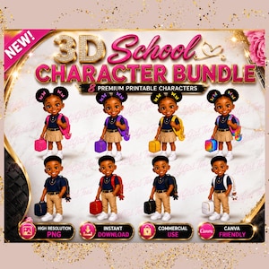 Op de afbeelding: Een digitale afbeelding met de tekst 3D School Character Bundle en 8 Premium Printable Characters. De afbeelding toont acht 3D-cartoonkinderen in schooluniformen, elk met een rugzak en een lunchbox in verschillende kleuren.