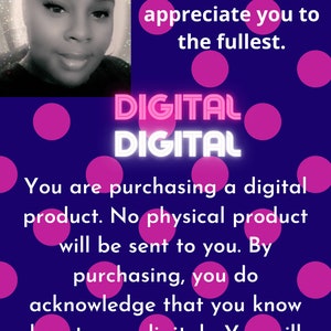 May include: A purple background with pink polka dots and the text "DIGITAL DIGITAL" in pink neon letters. The text below reads "You are purchasing a digital product. No physical product will be sent to you. By purchasing, you do acknowledge that you know how to use digitals. You will receive either a SVG, PDF, PNG, JPEG, or a combination."