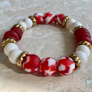 African Red and White Fused Recycled Glass and Red Rondelles with White Bone Beads and Aja Flower Brass Accent Rondell Bracelet