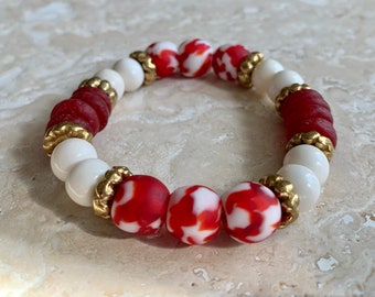 African Recycled Glass Bead Bracelet: Red, White, and Brass