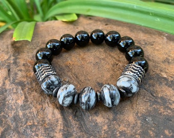 Black Web Jasper & Onyx Gemstone Bracelet with Stainless Steel Accents