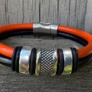 Orange & Black Leather Bracelet: Antique Silver Sliders, Magnetic Clasp