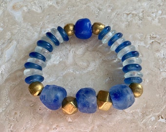 African Recycled Mottled Blue Glass with Blue and Clear Rondelle Beads with Brass Accents from Ghana.