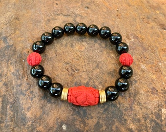 Carved Cinnabar with Onyx Gemstones and Brushed Gold Accents Stackable Bracelet