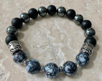 Dendritic Opal, Matte Onyx & Hematite Stretch Bracelet
