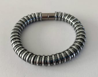 10mm Gunmetal and Silver Hematite Rondelle Bracelet Strung on Wire with Magnetic Clasp
