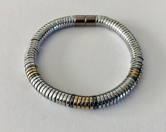 8mm Silver, Black and Champagne Hematite Rondelle Bracelet Strung on Wire with Magnetic Clasp