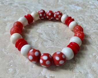Red Skunk Venetian Style Glass Bead Bracelet: White Bone & Czech Rondelle