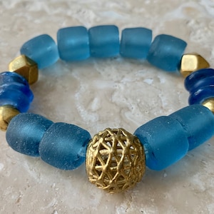 African Recycled Blue Glass Beads and Brass Stretch Bracelet
