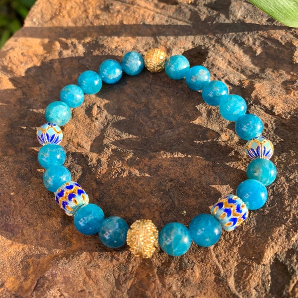 Natural AAA Teal Apatite with Blue, Gold, Aqua Cloissone Beads and 22K Gold Plated Filigree Accents Beads Stackable Bracelet