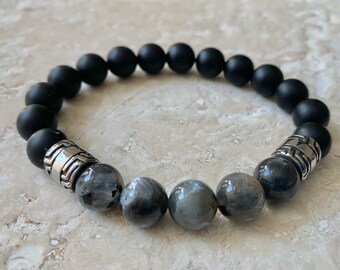 10mm Sunstone Moonstone & Matte Onyx Gemstone Bracelet with Stainless Steel Accents