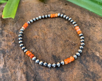 Navajo Pearl Sterling Silver 4mm with Spiny Oyster Rondelle Beads Stackable Bracelet