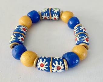 African Recycled Glass Sunshine and Blue Bracelet. 11mm