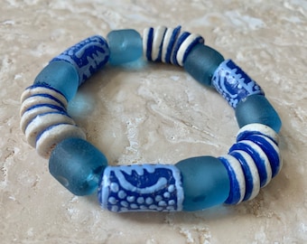 Blue and White African Krobo Recycled Glass Beads Stretch Bracelet.