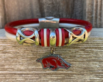 University of Arkansas Razorback Red and White European Leather with Antique Silver Sliders, Charm and Magnetic Clasp Bracelet