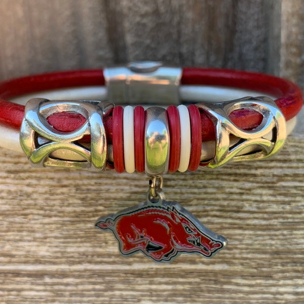 University of Arkansas Razorback Red and White European Leather with Antique Silver Sliders, Charm and Magnetic Clasp Bracelet