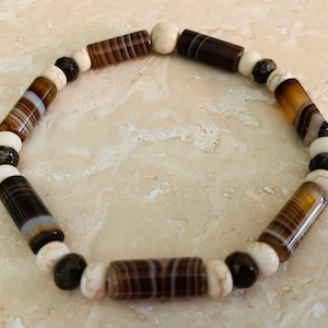 6mm Natural Tibetan Agate Cylinder Bead with Bronzite and Howlite Gemstones Stretch Bracelet