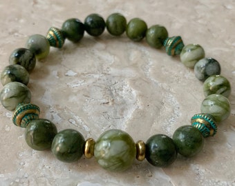 Green Serpentine & Canadian Jade Gemstone Stretch Bracelet
