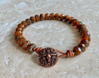 Burnt Orange Czech Glass Bracelet with Copper Leather and Antique Copper Longhorn Button Clasp. University of Texas.