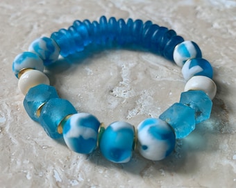 African Recycled Glass Bracelet: Blue Java Sea Glass & Bone Beads