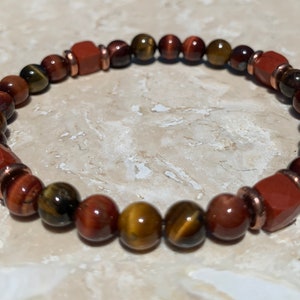 Tiger Eye & Red Jasper Bracelet: Copper Accent Gemstone Stretch Bracelet