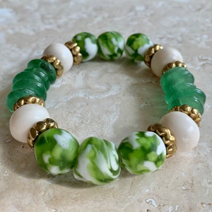 African Recycled Glass Beaded Bracelet: Green, White, and Brass