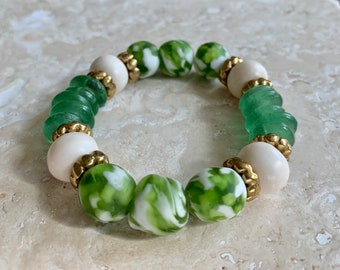 African Recycled Glass Beaded Bracelet: Green, White, and Brass