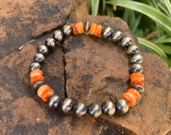Navajo Pearl .925 Sterling Silver with 8mm Orange Spiny Oyster Rondelles Stackable Bracelet