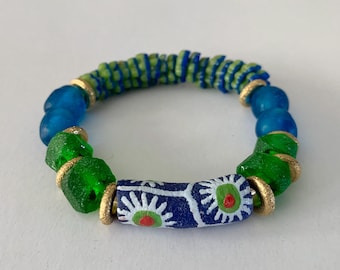 African Recycled Blue and Green Recycled Glass 11mm Stretch Bracelet with Ghana Brass Accents