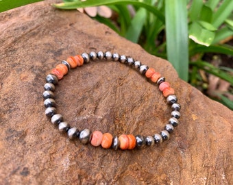 Navajo Pearl Sterling Silver Beads 6mm and 5mm with 6mm Spiny Oyster Rondelles Stackable Bracelet