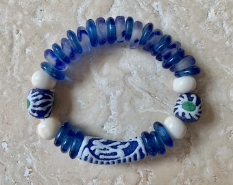 Blue African Recycled Krobo Glass, Ox Bone and Czech Glass Rondelles Stackable Stretch Bracelet