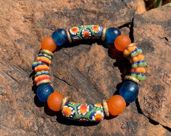 African Recycled Blue and Orange Krobo Glass Stackable Stretch Bracelet