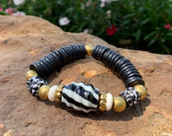 Black and White Swirl Glass with Black and White Bone Beads, Black African Fused Glass with Ghana Brass Accents Stackable Bracelet