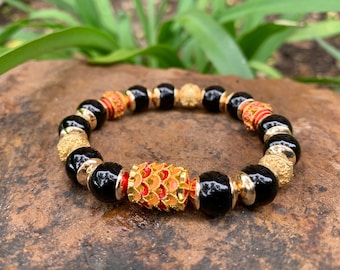 Red Gold Cloisonne Onyx Bracelet: 22K Gold Plated Filigree