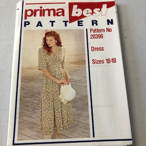 May include: A sewing pattern for a dress, from Prima Best Pattern, pattern number 20390. The pattern is for sizes 10-18.