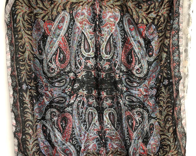 Vintage silk head scarf, black paisley design