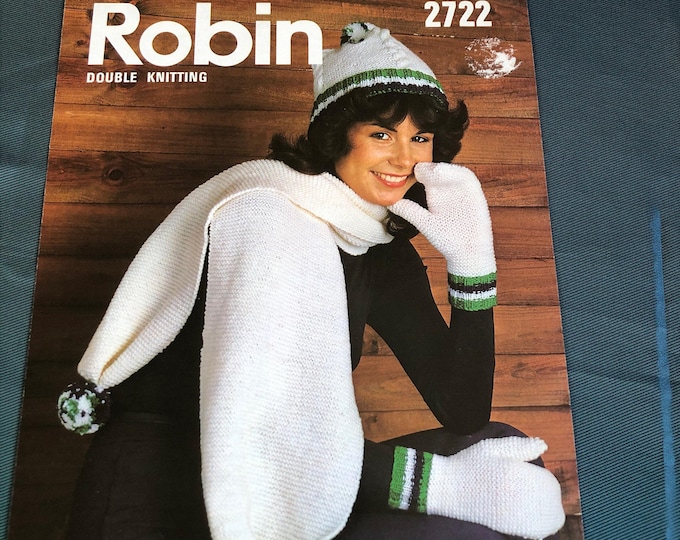 Paper, vintage knitting Pattern, Robin, ladies hat, mittens and scarf, pattern No. 2722
