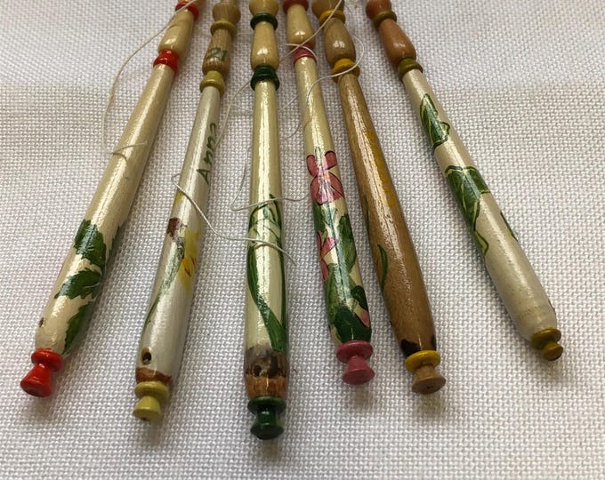 Wooden vintage painted lacemaking bobbins x 6