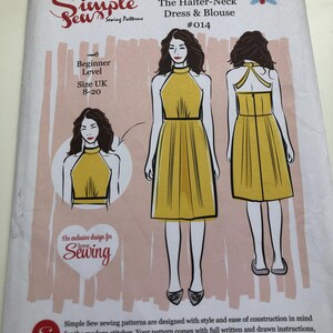 May include: A Simple Sew sewing pattern for a halter-neck dress and blouse, size UK 8-20. The pattern features illustrations of the design and is suitable for beginners. The text "Made in the UK" is visible.