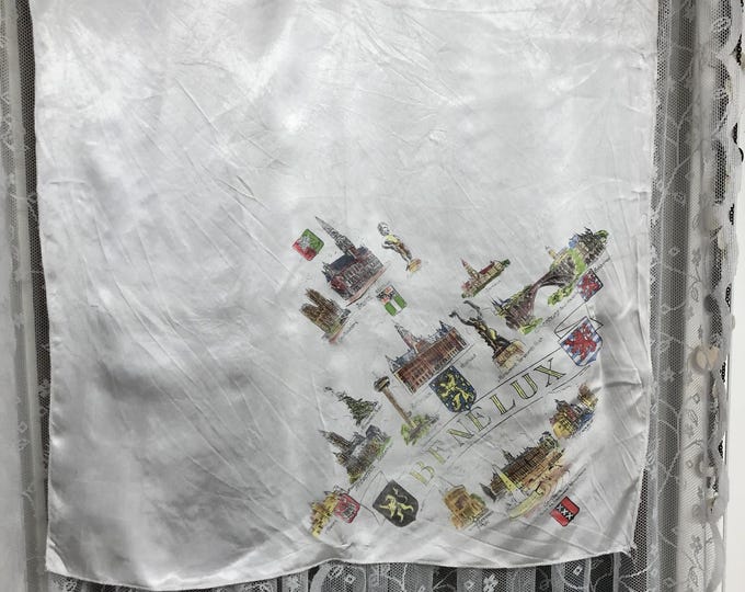 Vintage satin head scarf, white with Benelux building designs