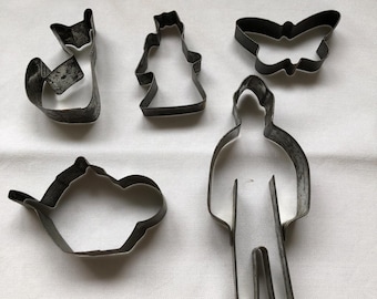 Vintage Metal Cookie Cutters: Cat, Butterfly, Teapot & Gingerbread Man
