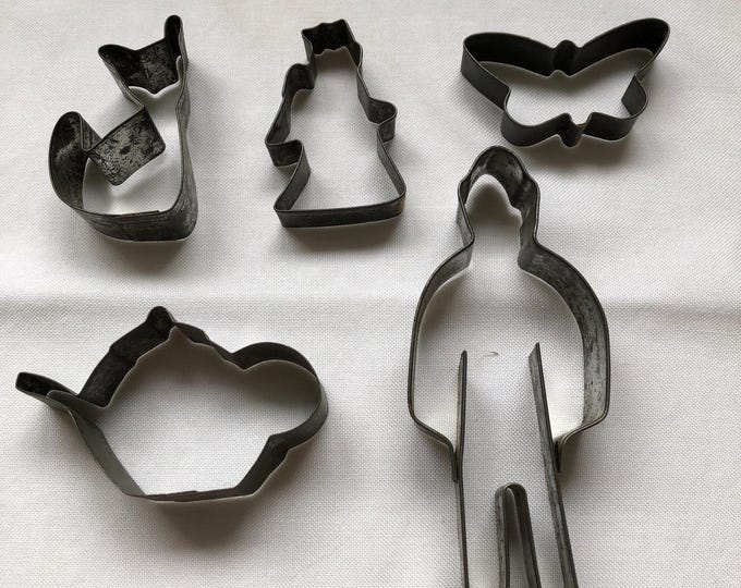 Vintage Metal Cookie Cutters: Cat, Butterfly, Teapot & Gingerbread Man