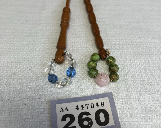 Pair of vintage wooden lacemaking bobbins, with spangles