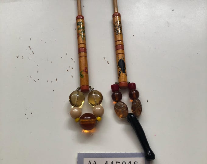 hand decorated lacemaking bobbins, wooden, vintage