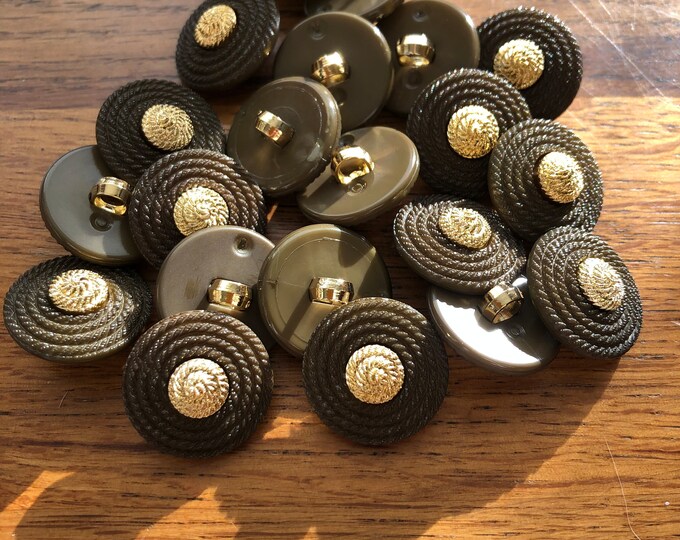 Buttons, Vintage kaki coloured fashion button with gold coloured middle
