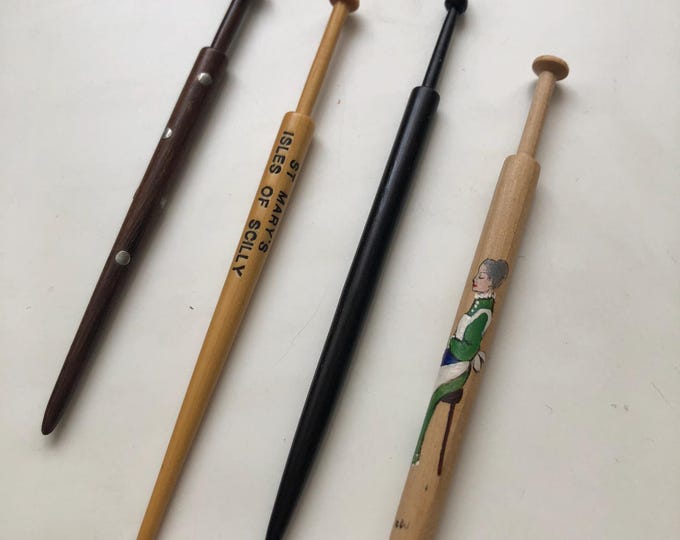 lacemaking bobbins, vintage, wood, set of 4 different designs