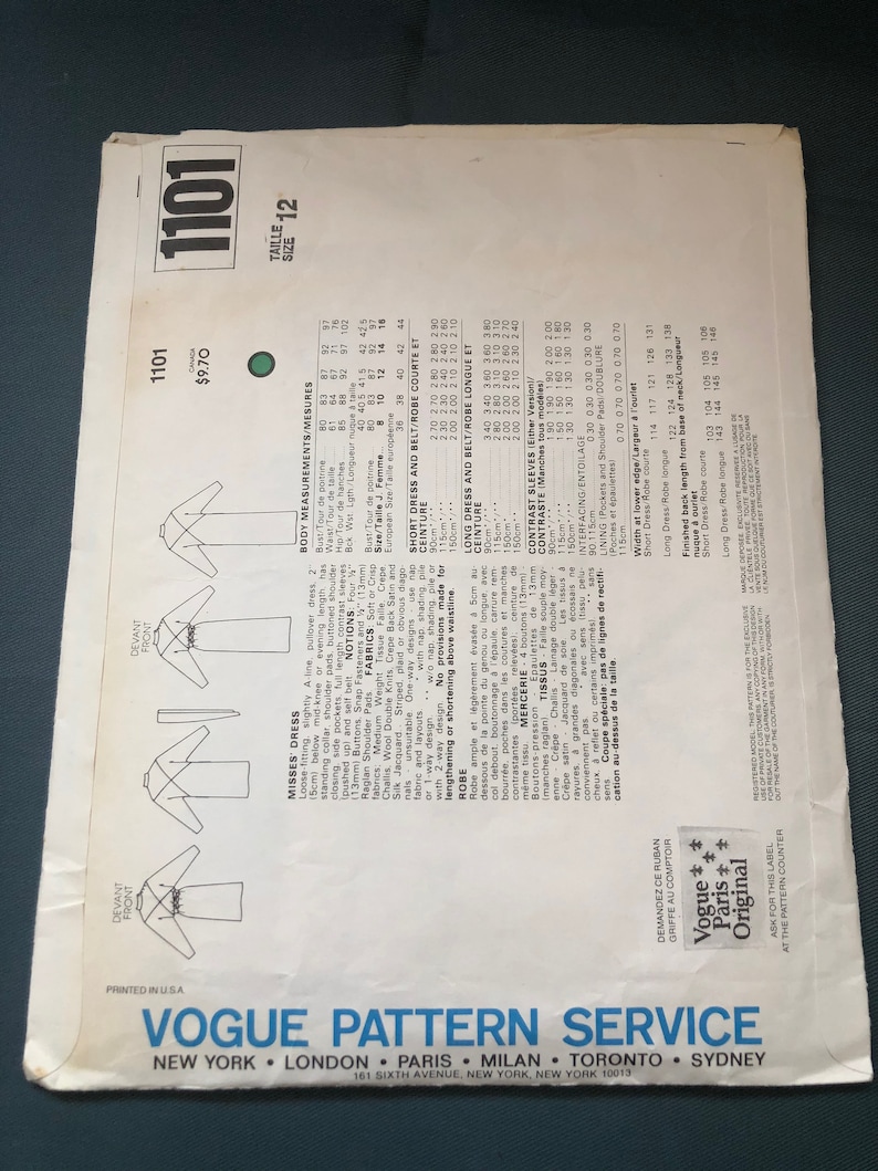 Vogue Paris Original Ladies Dress Sewing Pattern, CUT Vogue 1101 ...