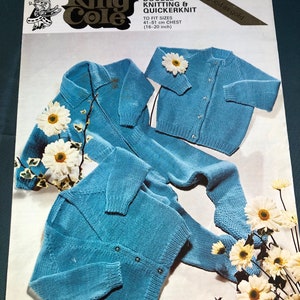 May include: King Cole knitting pattern number KC 335, "as good as gold", for a double knitting and quickerknit baby cardigan and trousers. The pattern is for sizes 16-20 inches (41-51 cm) chest.