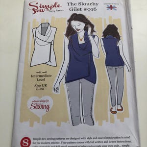 May include: A sewing pattern for "The Slouchy Gilet #016", a sleeveless top, with illustrations on the cover. The pattern is for intermediate sewers and available in UK sizes 8-20. The cover includes the text "Simple Sewing Patterns" and "exclusive design for Sewing".