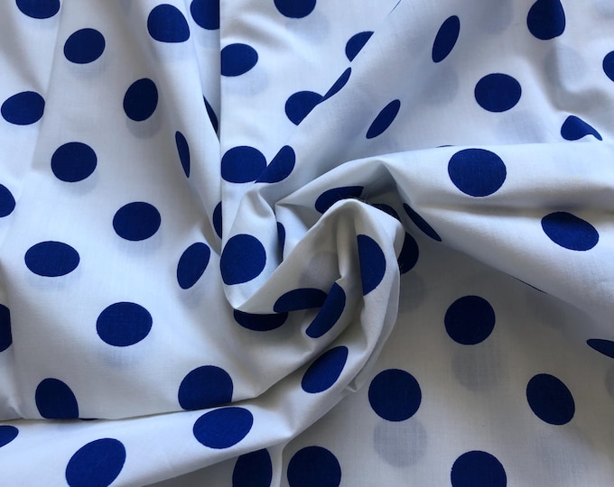 Vintage printed poly cotton fabric, white with blue spots